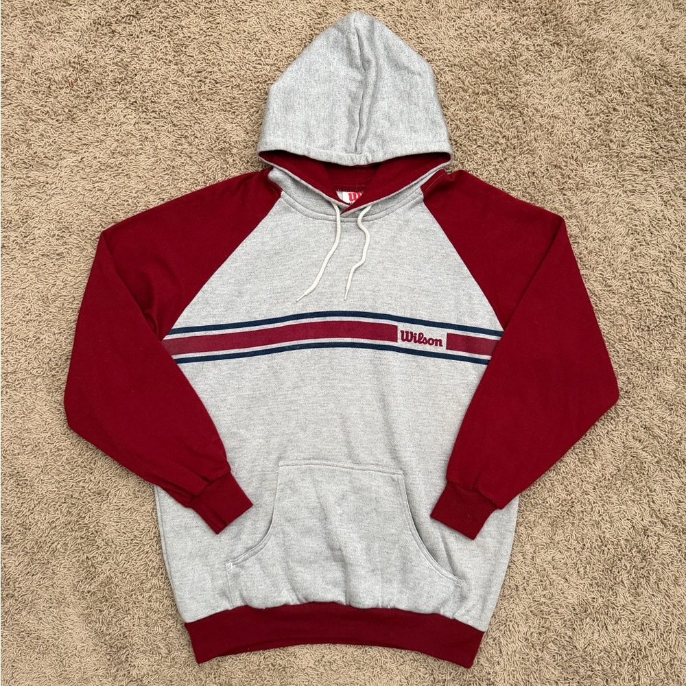 Vintage 80s Wilson Hoodie Mens L Sweatshirt Striped Lightweight Gray Burgundy